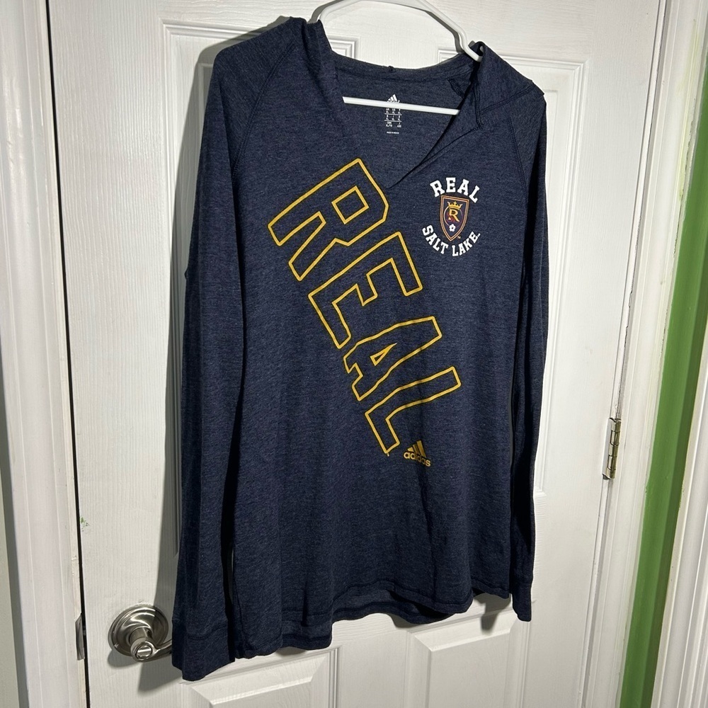 Adidas Real Salt Lake Navy Hooded T-shirt V-Neck MLS Soccer Women’s XL - Picture 2 of 9